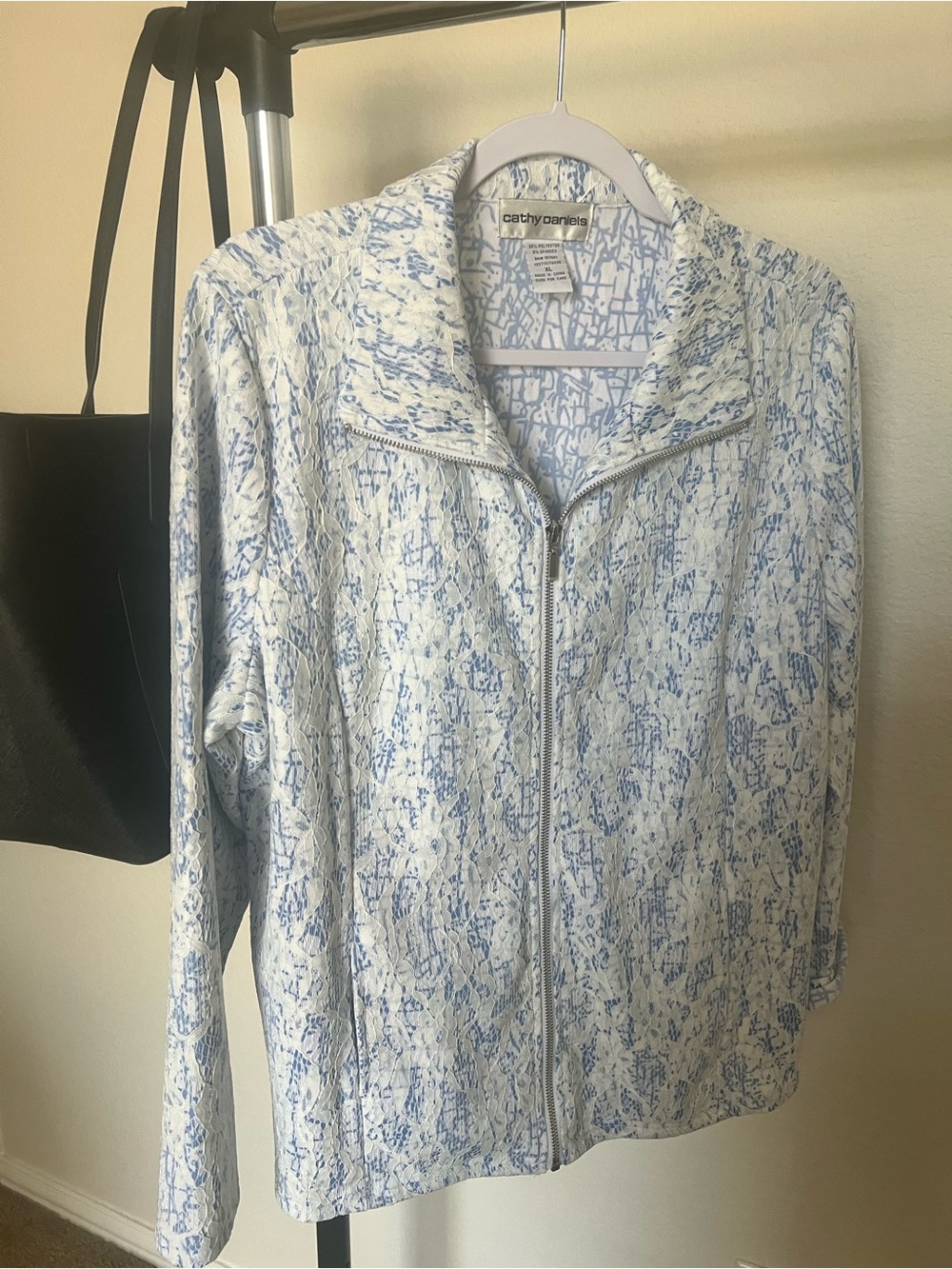 Cathy Daniels White and Light Blue Zip-Front Bomber Jacket